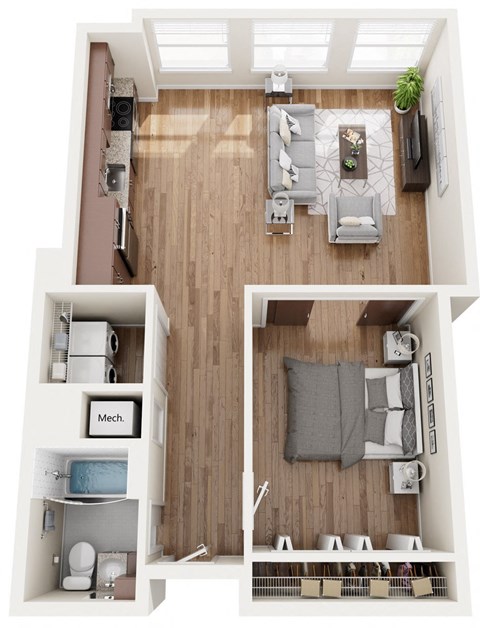 Floor plan for 1 bed, 1 bath, 737 sqft